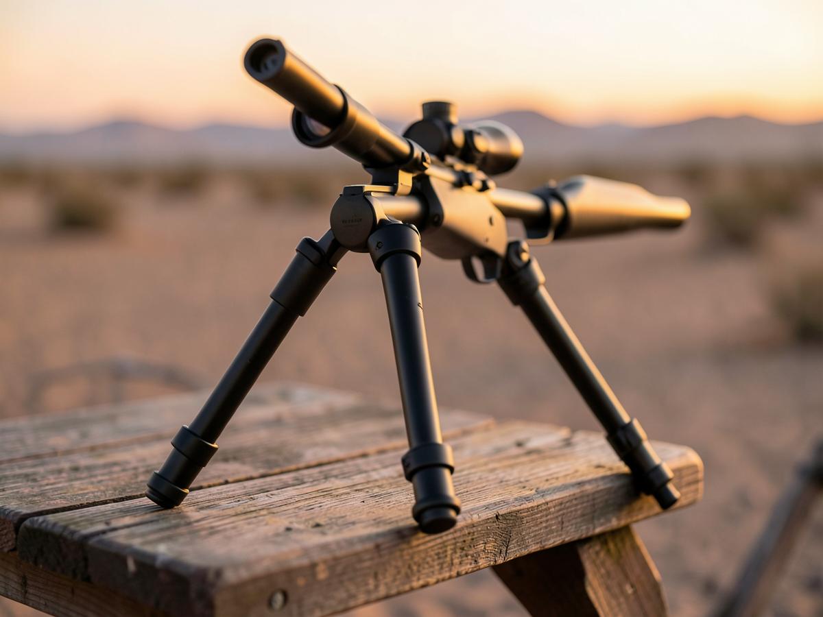 Long-range precision rifle resting on a bipod at an Arizona desert shooting bench